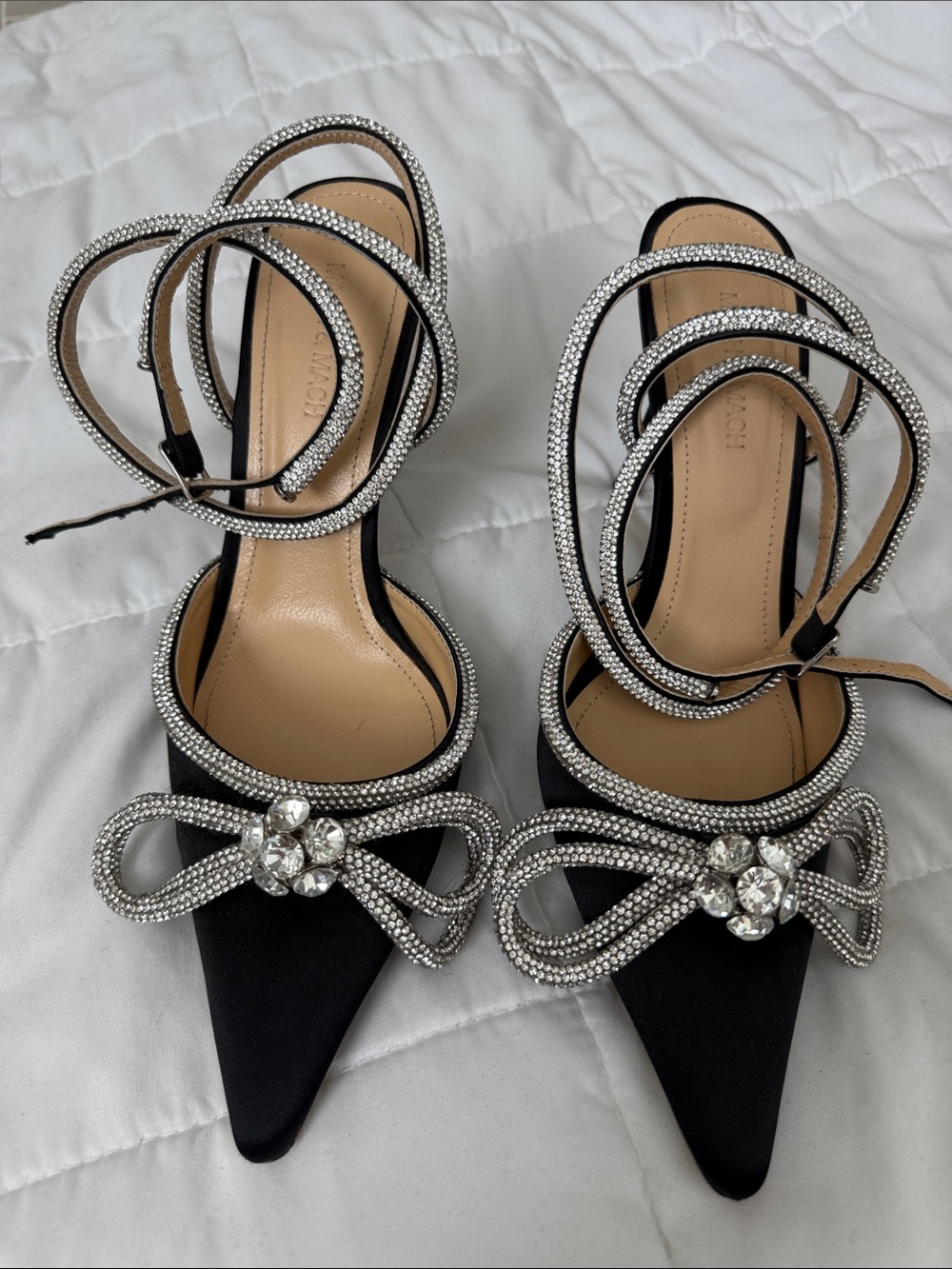 MACH & MACH Black Satin Pointed Toe Heels with Crystal Bow